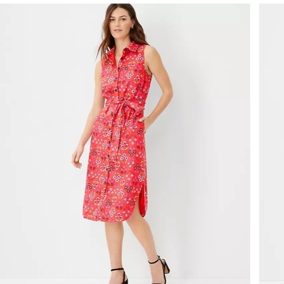 Ann Taylor Linen Blend Sleeveless Floral Print Shirtdress 12 Office Vacation - Picture 1 of 16